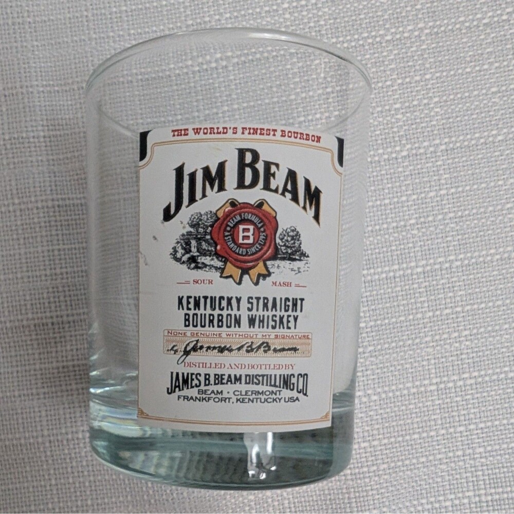 Jim Beam Kentucky Straight Bourbon Whiskey Label Rocks Glass Barware 4" Vintage